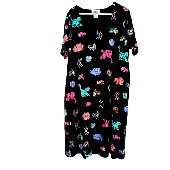 Vintage All American Comfort Black Cotton Blend Cat Fish Print Maxi Dress‎ Large - Picture 1 of 5